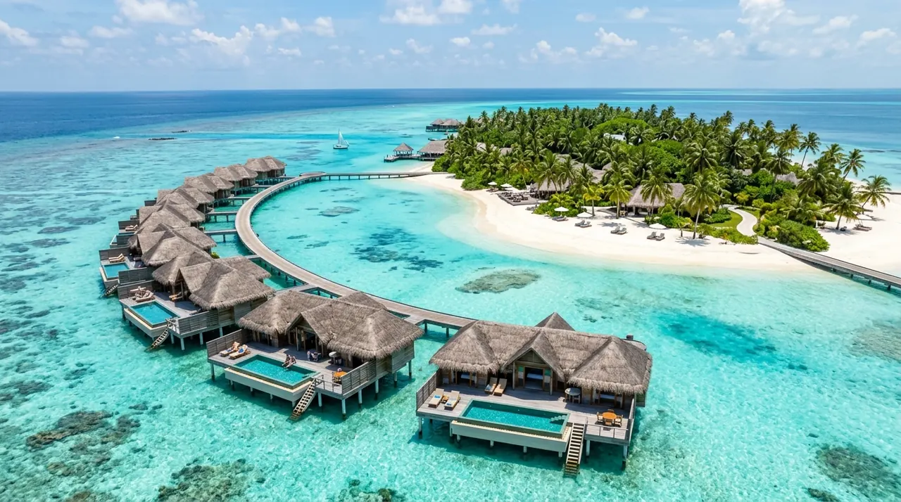 Maldives tranquil clear turquoise lagoon and water villas