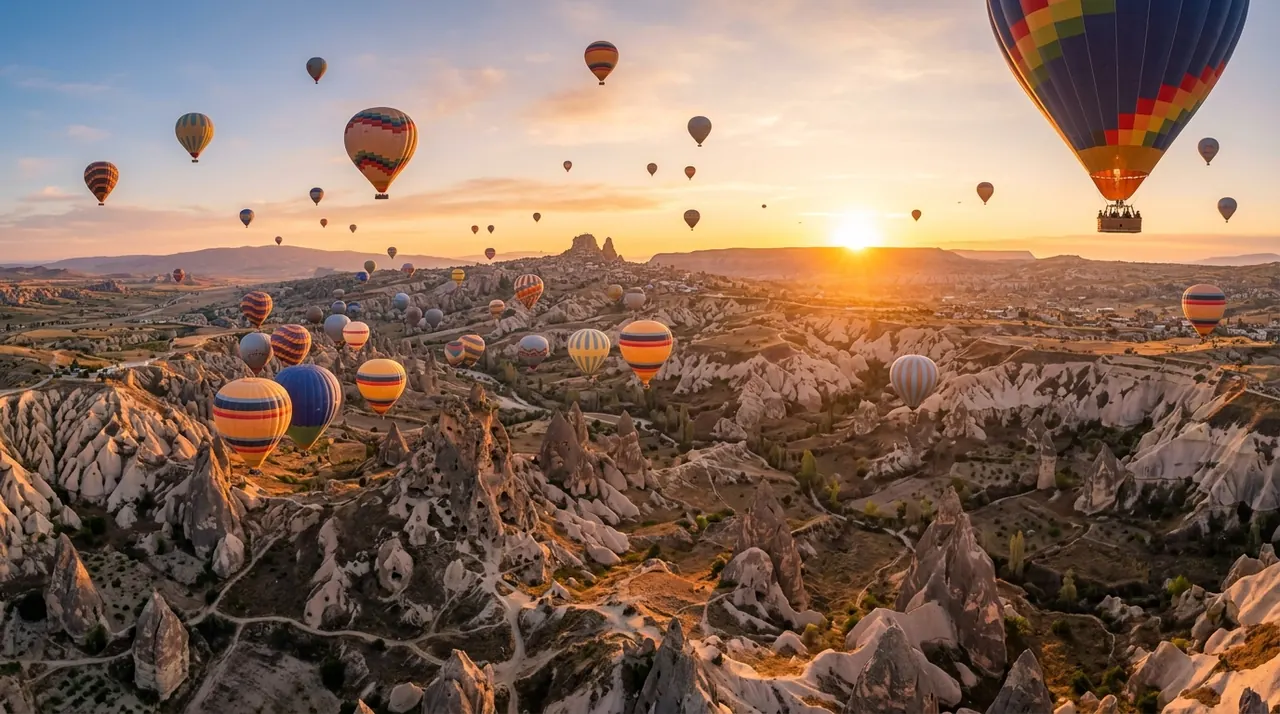 Hot air balloons rising over Cappadocia valleys