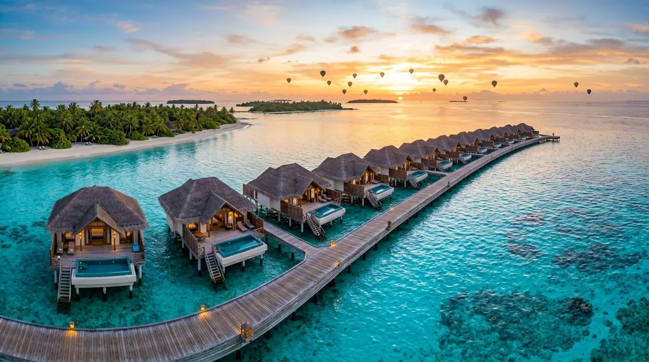 Aspirational tropical luxury seascape and overwater villas